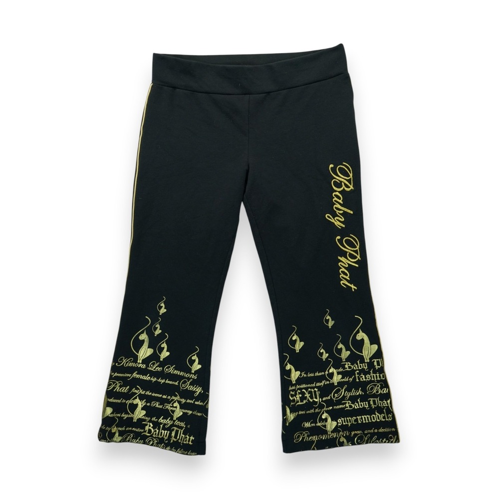 Vintage Baby Phat Y2K Black Gold Graphic Capri Sweatpants Womens Size Small Rare